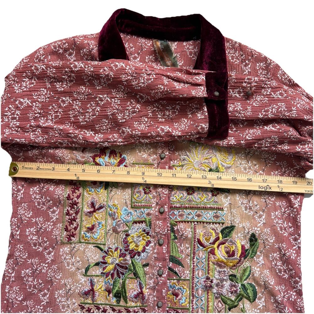 Aratta Silent Journey Tunic Shirt Small Boho Embroidered Velvet Trim Button Up - Picture 6 of 13